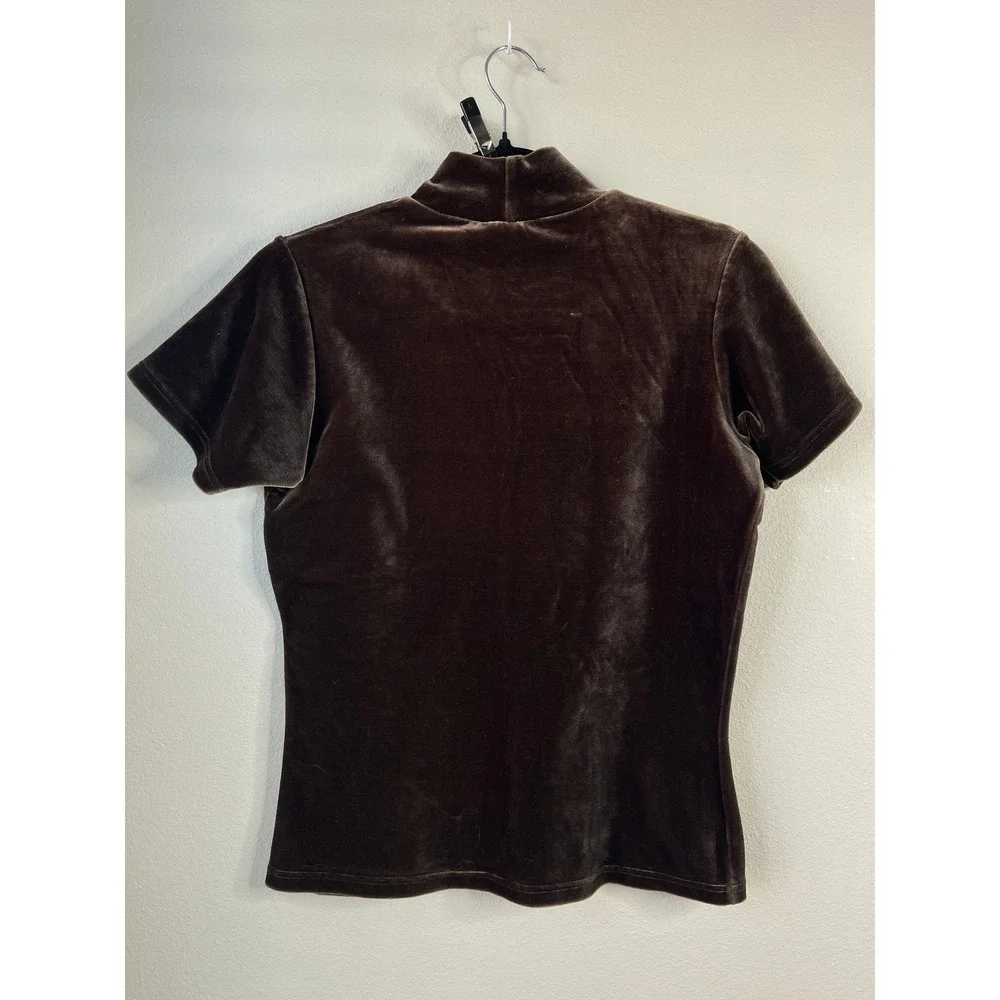 Sostanza Top Brown Velvet Mock Neck Short Sleeve Vintage 90s Stretch Medium